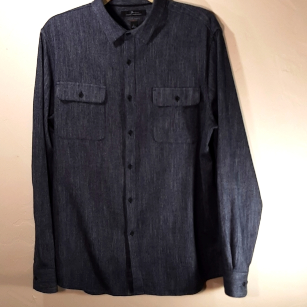 Marc Anthony Men's Luxury Fabric Slim Fit Button Front Shirt Large Navy Blue